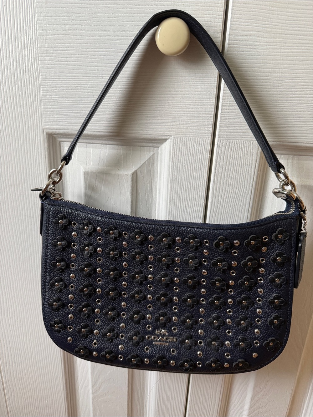 Coach Navy Leather Floral Studded Shoulder Bag